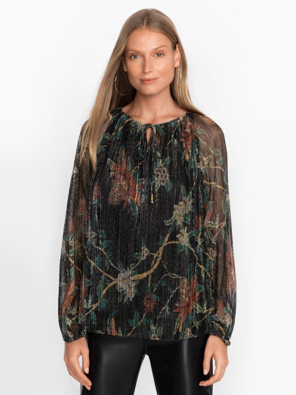 Johnny Was Evelina Floral Metallic Long Sleeve Blouse size M